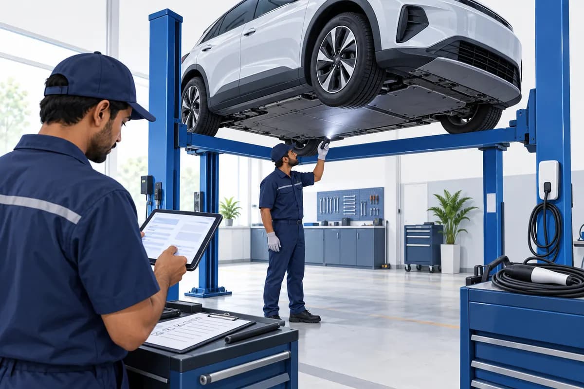 Illustration of workshop professionals examining a closed EV underbody and reviewing a report on a tablet.