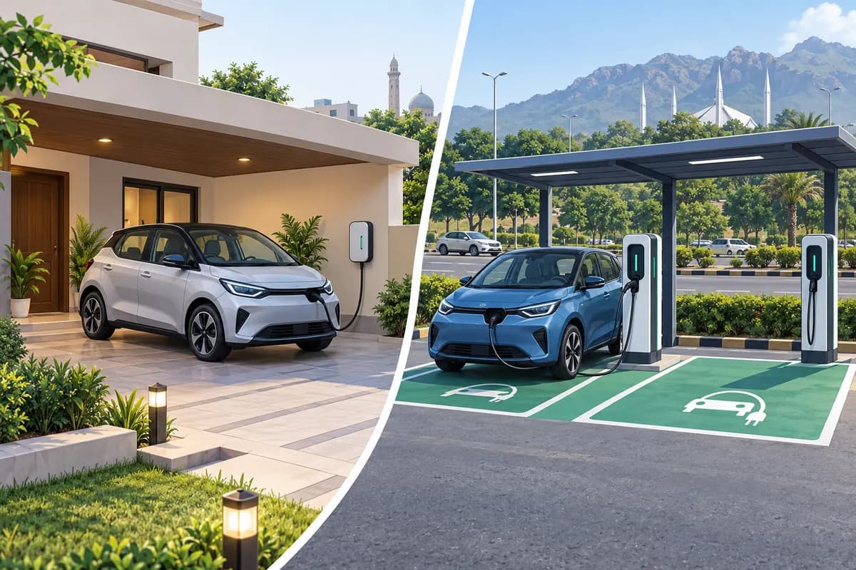 Illustration comparing an EV charging in a private home carport with cars at a public charging bay.