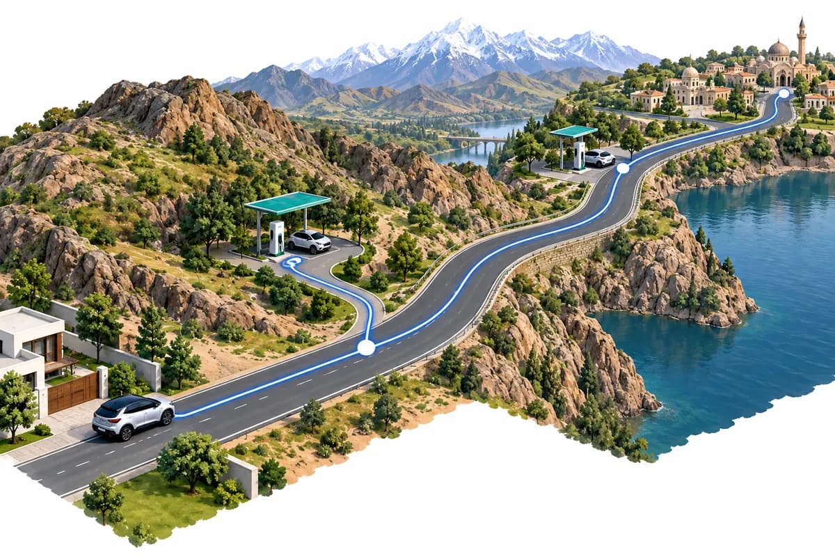 Illustrative road journey with a home, an electric car and two charging stops before a town destination.