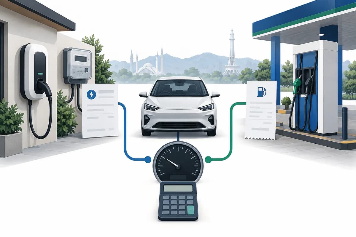 Illustration of an electricity bill, petrol receipt, car, distance dial and calculator for comparing energy costs.